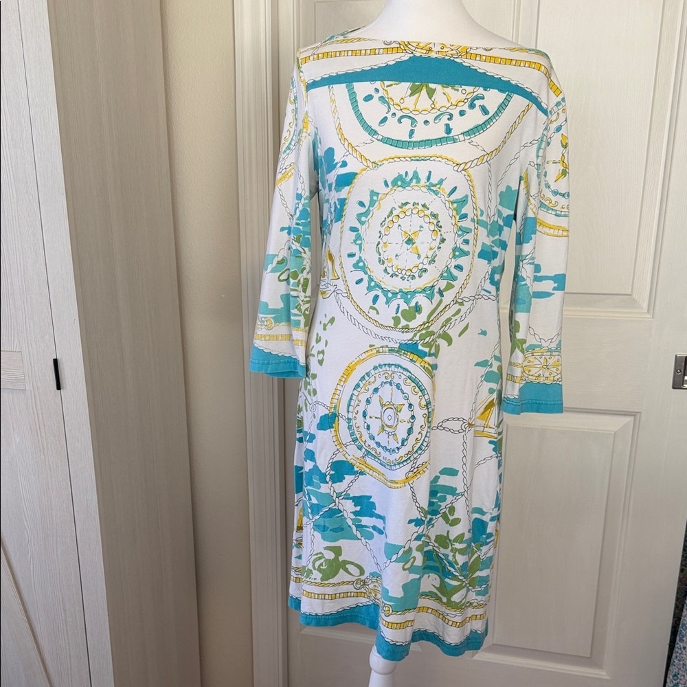 Barbara Gerwit White and Blue Patterned Midi Dress Sz L
